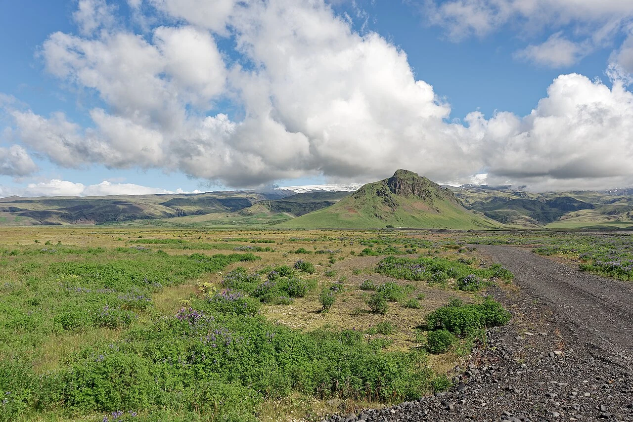 Distant Mýrdalsjökull glacier and green ground seen from the Route 1 setting